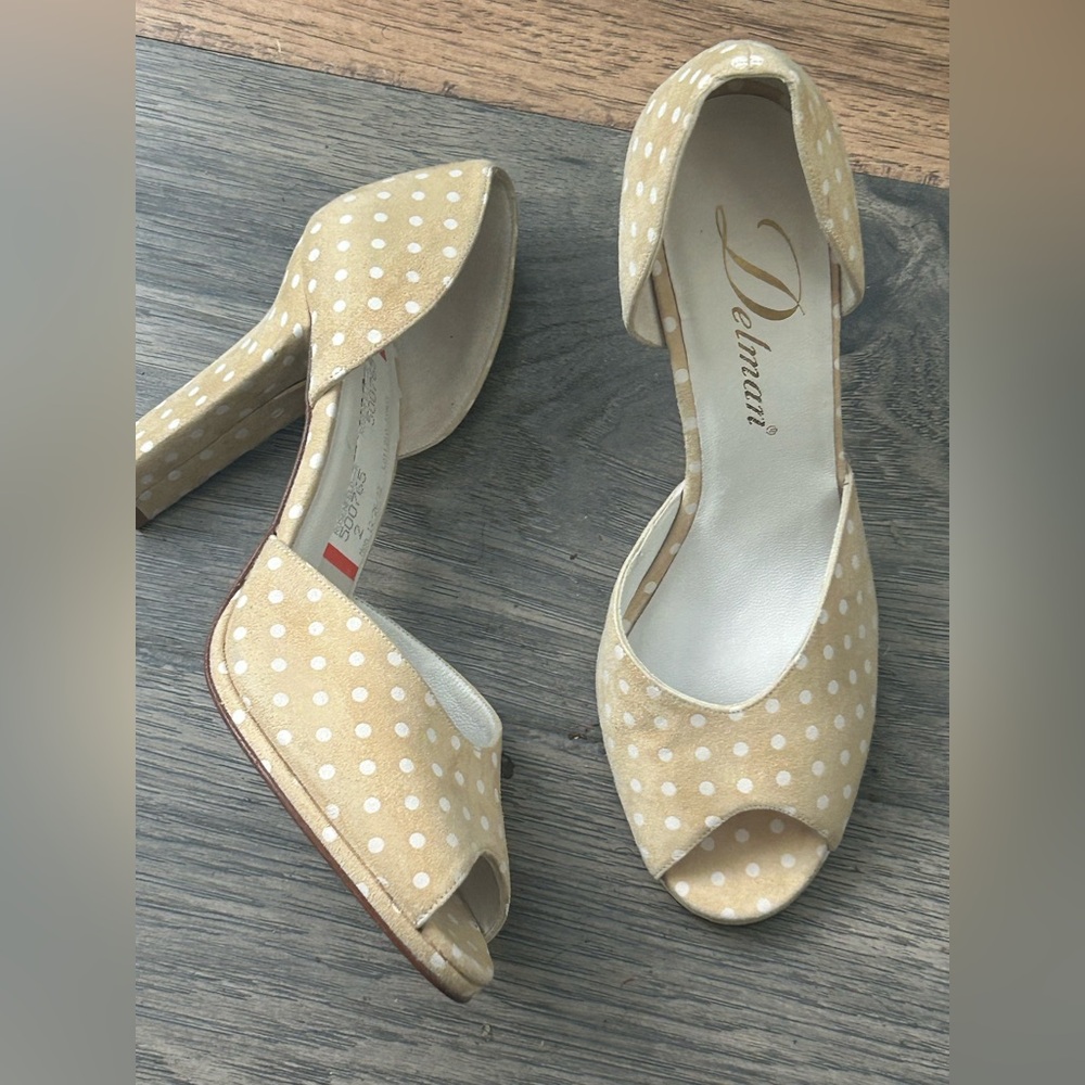 Delman Beige Polka Dot Peep Toe Heels size 7